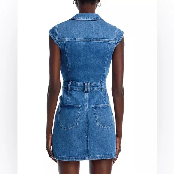 PAIGE Jaxson Blue Denim Mini Dress Womens 10 Vneck Cotton Pockets Classic - Picture 2 of 12